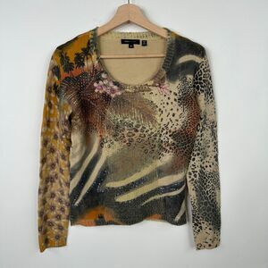 BCBG Max Azria Sweater M Leopard Print Beaded Scoop Neck Cropped Boho Artsy